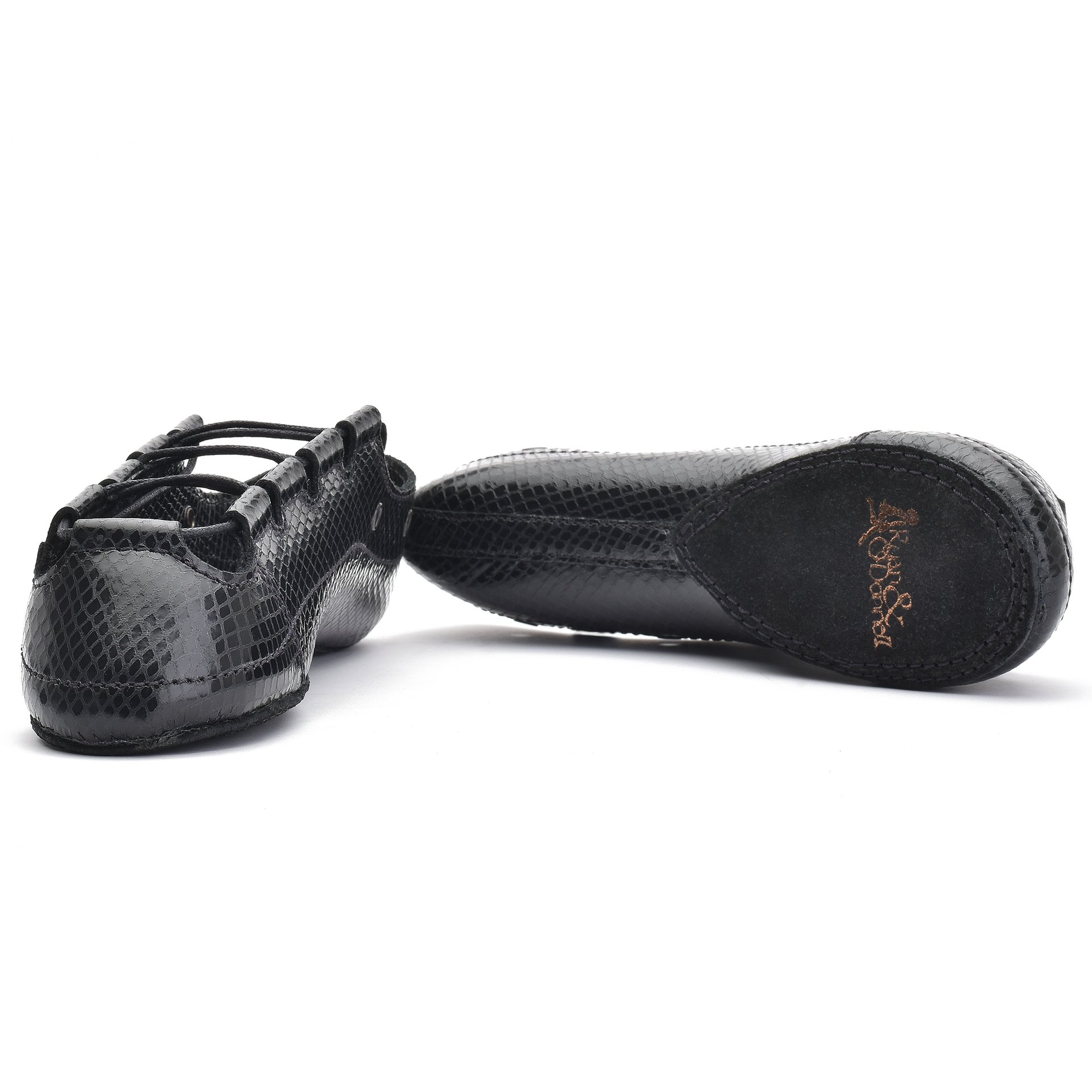 Black leather Irish dance pumps with a striking diamond print pattern, featuring a gel-cushioned insole and Noene toe protection for enhanced comfort and durability.
